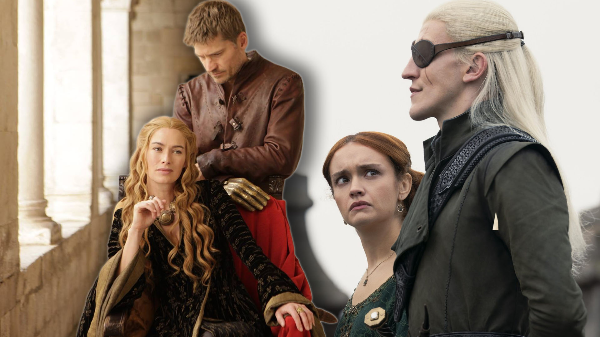 A custom image featuring Game of Thrones' Jamie and Cersei Lannister opposite House of the Dragon's Alicent Hightower and Aemond Targaryen