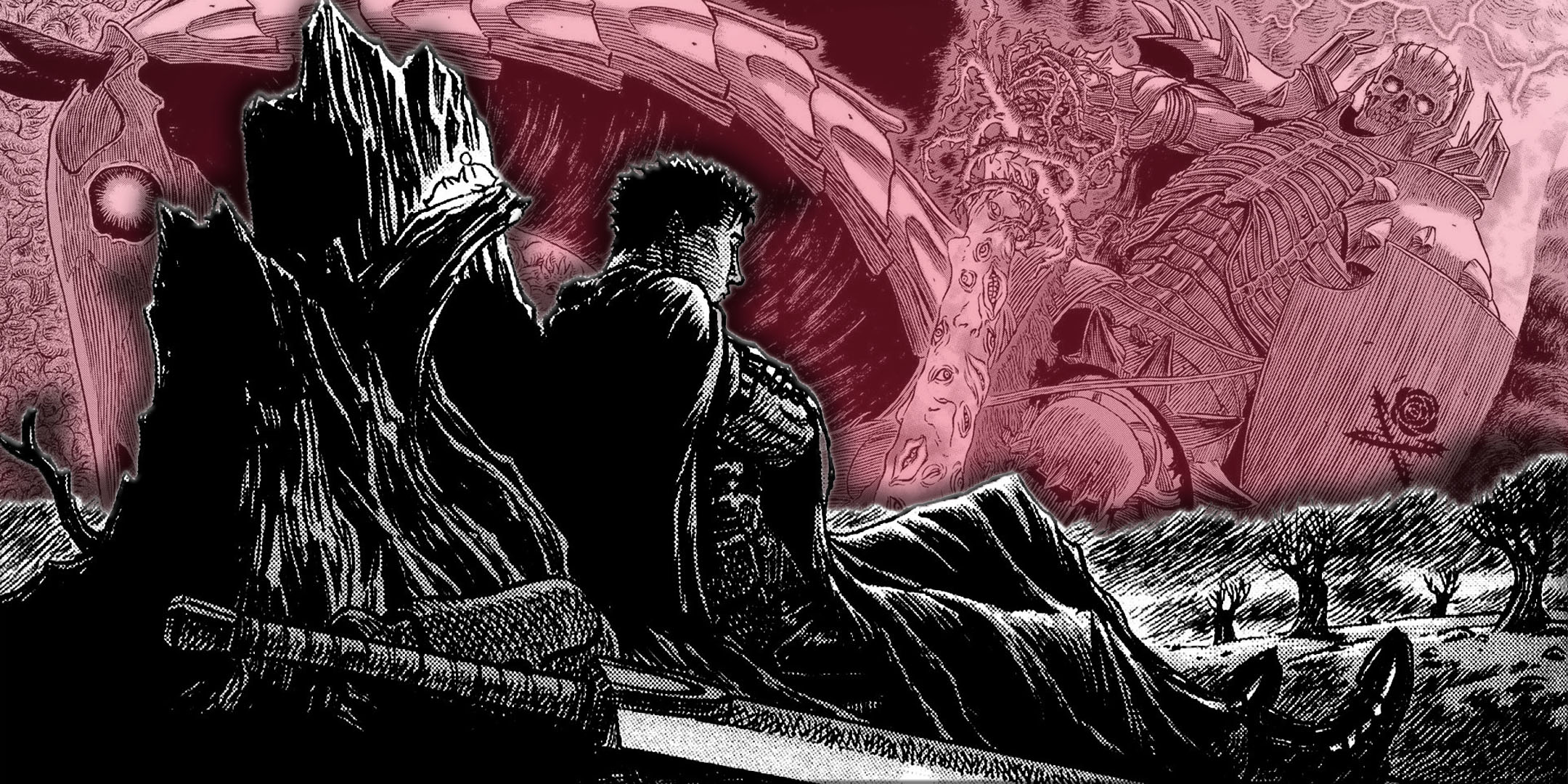 A custom image featuring Guts leaning back against a tree stump in front of the Skeleton Knight in Berserk