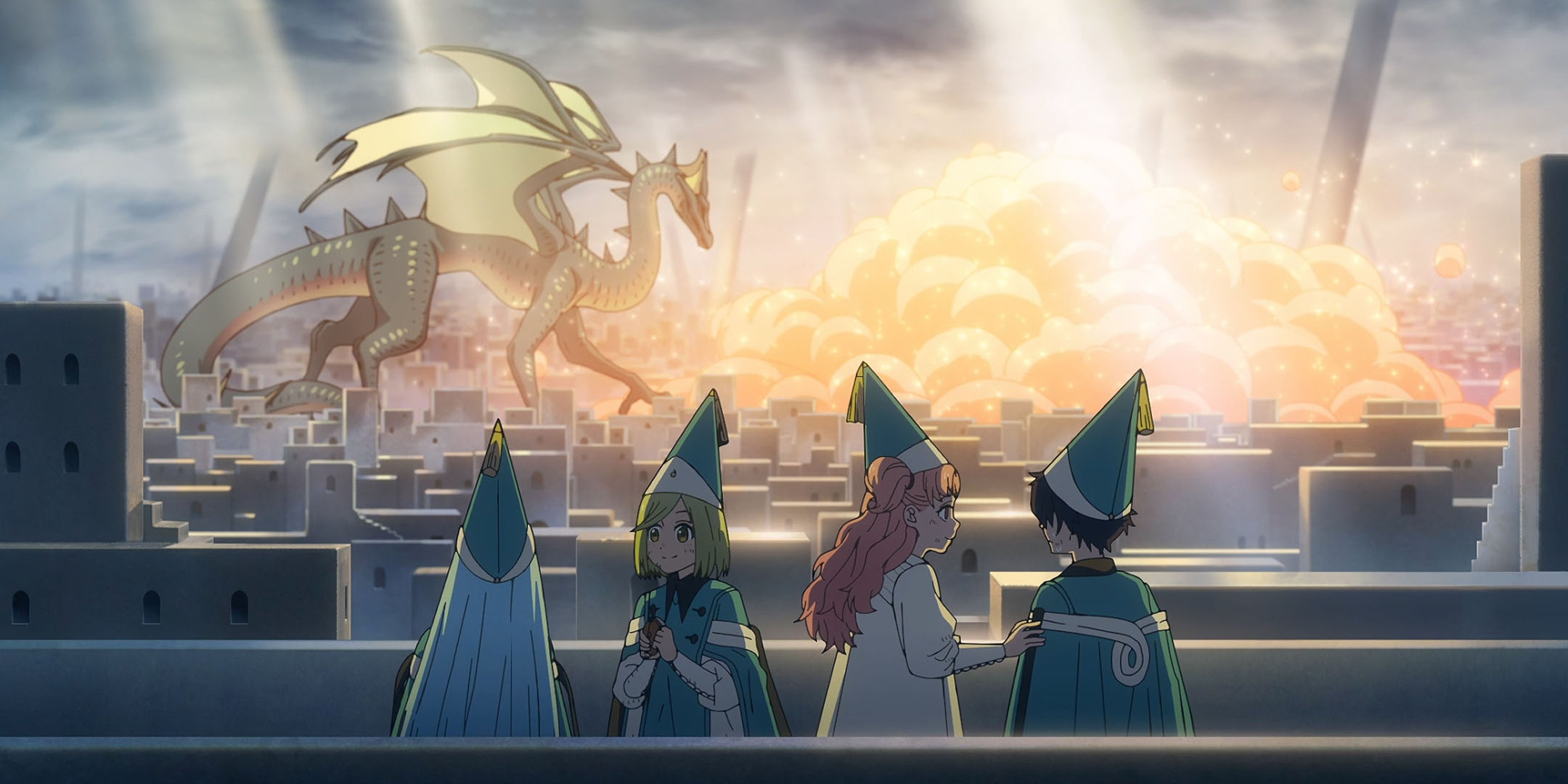 Coco and her friends watch a dragon approach a bed of clouds in Witch Hat Atelier Season 1, Episode 5