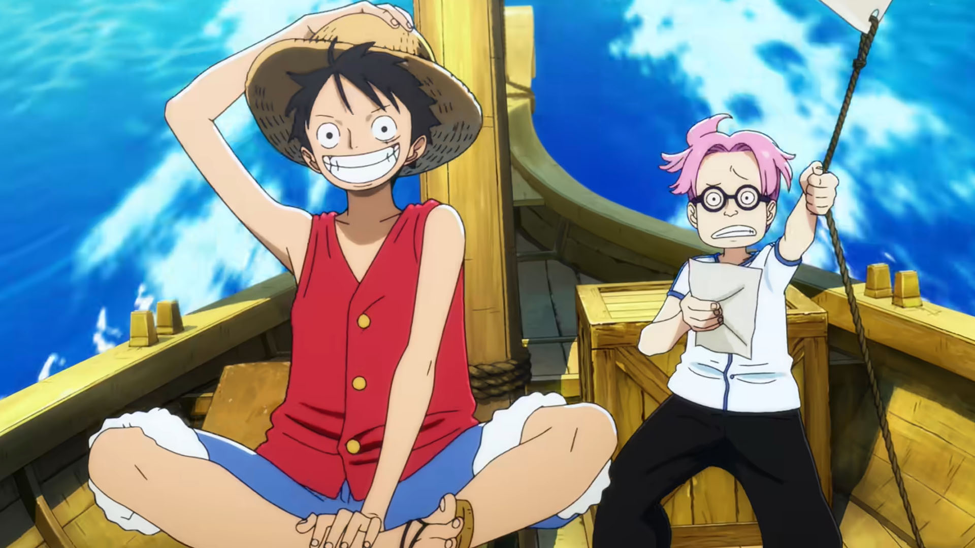Monkey D. Luffy and Koby ride a boat in WIT Studio's The One Piece remake